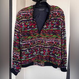 August Silk Diane Gilman Lightweight Silk Bomber Jacket Full Zip Aztec Print L